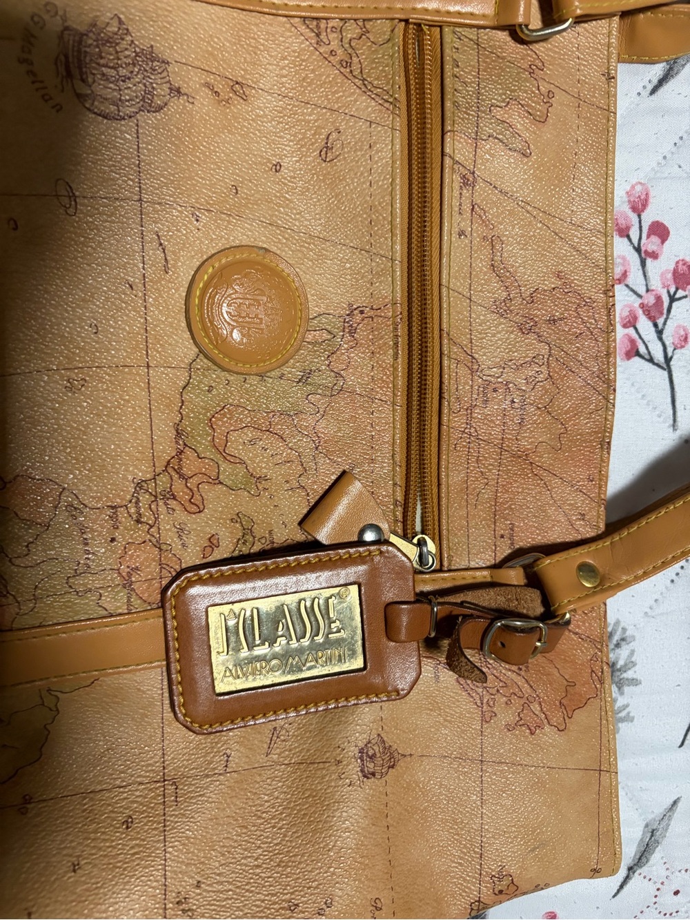 Alviero Martini Map-Print Leather Travel Bag in Tan and Brown